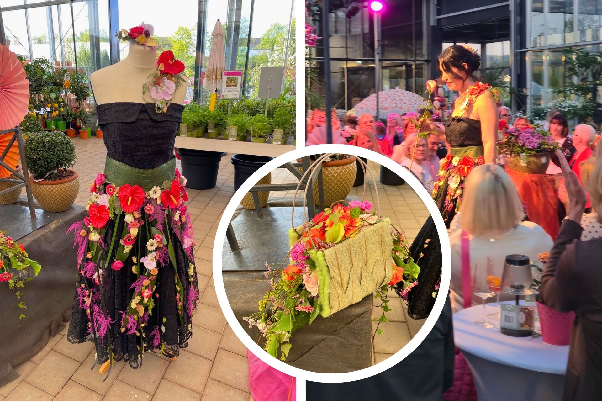 Model, Kleid und Tasche bei der Modenschau im Gartencenter Kind